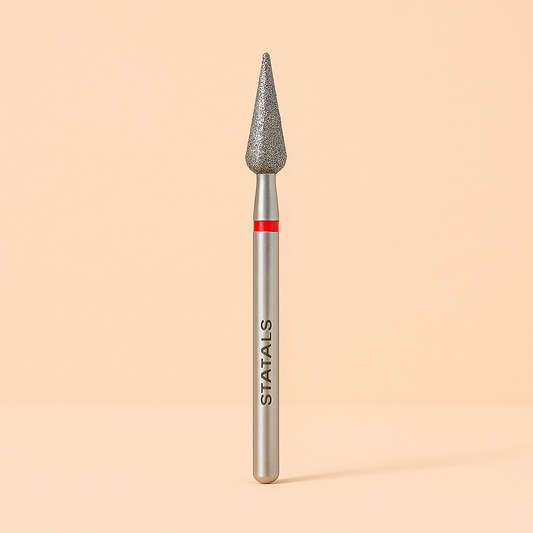 Staleks Diamond Nail Drill Bit – Pointed Pear Shape, Red Soft Grit (4 mm × 12 mm)